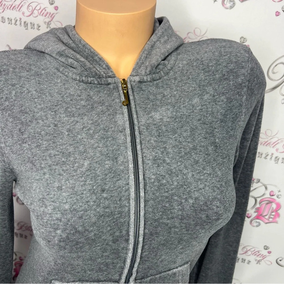 Juicy couture grey zip up sweater fuzzy print logo on back with white sequins - Picture 5 of 9